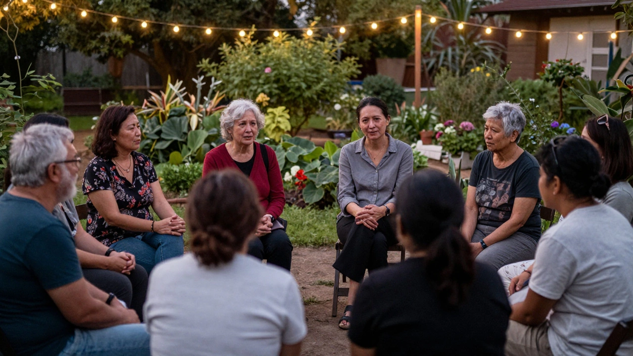 A diverse group of people sharing personal stories in a circle under string lights in a garden.
