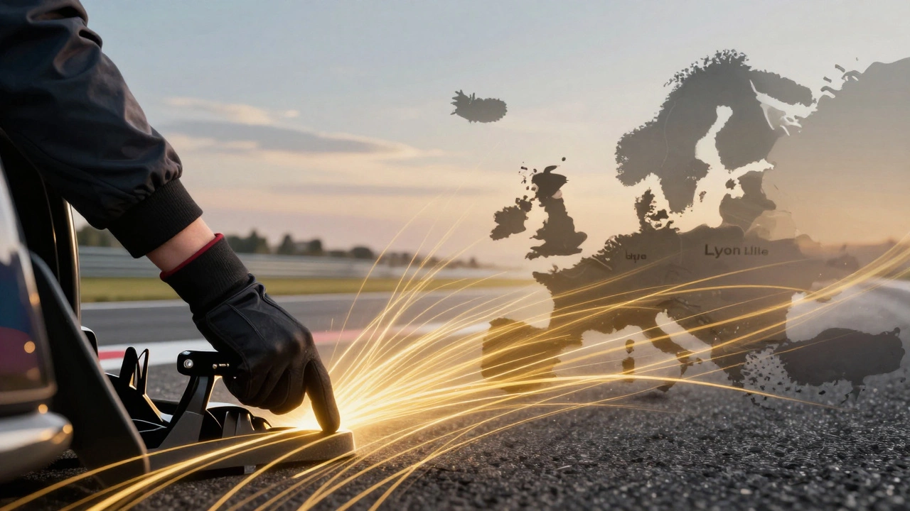 A gloved hand presses the accelerator as golden energy flows into silhouettes of women driving across European tracks.