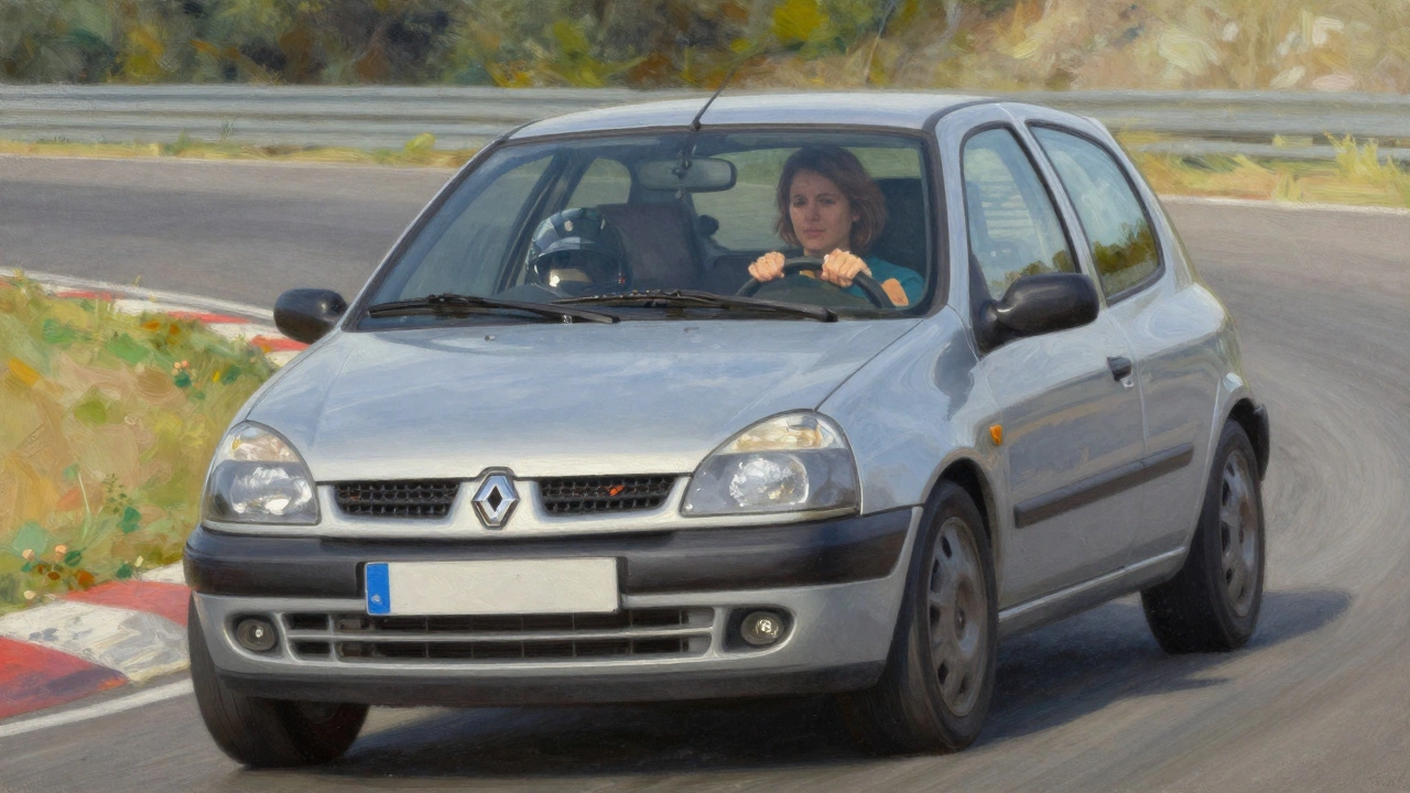 A woman drives a modified Renault Clio through a sharp corner, instructor beside her, motion blur capturing speed and focus.