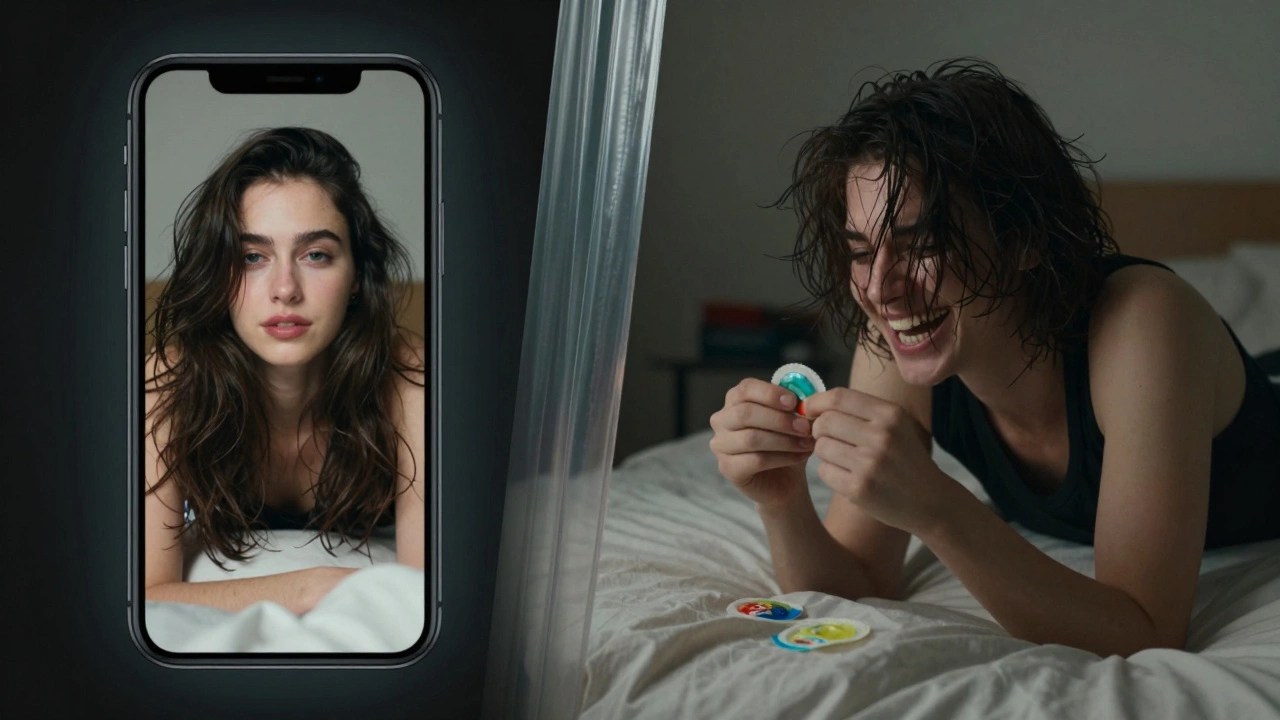 Split-screen showing staged social media intimacy versus real, messy human connection in bed.